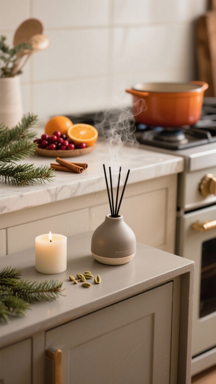 Medium vignette focused on cozy scents: a matte ceramic diffuser emitting a soft mist on a console, nearby a small unscented entry candle, a simmer pot on the stove in the background with oranges, cranberries, and cinnamon sticks; elements representing fir, cedar, and cardamom; cohesive, subtle atmosphere with warm ambient light