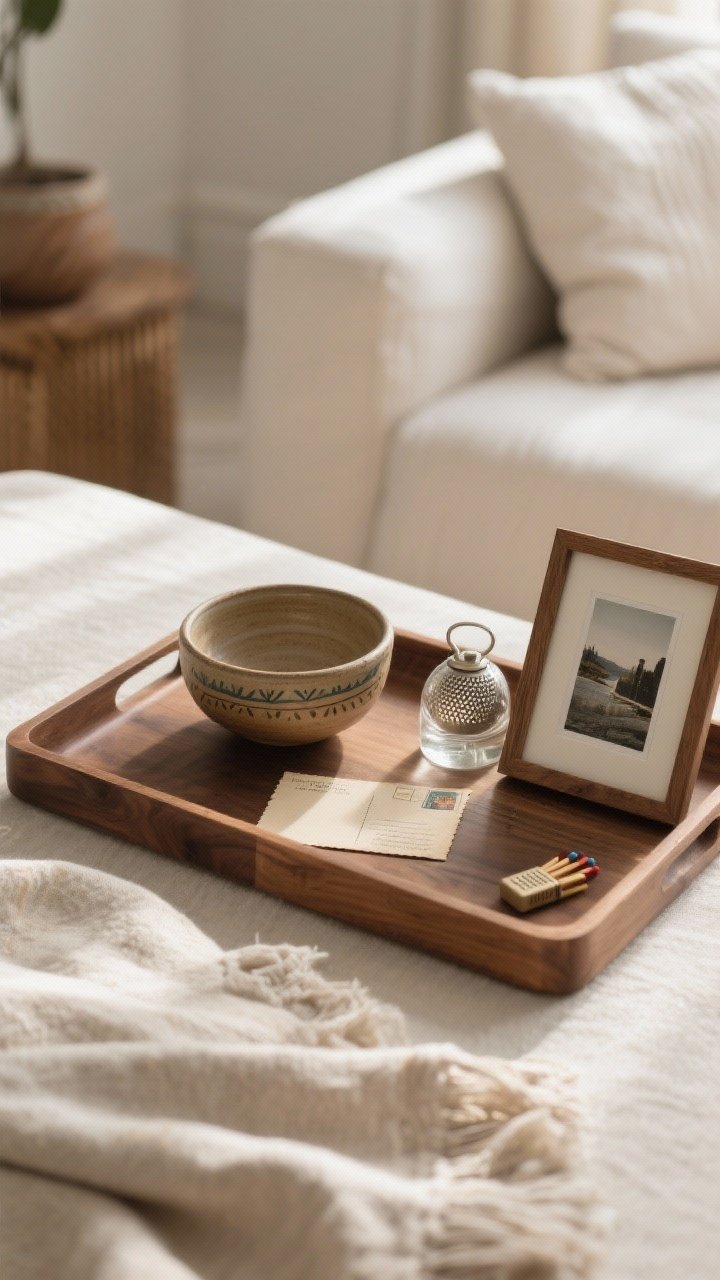 Medium vignette focusing on personal story elements: within a wood tray, display a small hand-thrown bowl from travel, a vintage postcard tucked under a glass paperweight, and a petite framed photo—one personal piece per zone, edited and intentional. Add a ritual item like a tea strainer or match striker nearby. Warm, cozy hygge atmosphere with gentle afternoon light, neutral textiles, and a restrained, meaningful composition that hints at the homeowner’s life.
