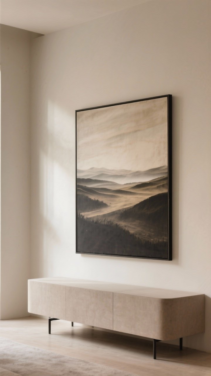Medium wall composition: Simplified art presentation—one large-scale abstract landscape in a thin black metal frame hung slightly lower than usual over a neutral console; moody, soft palette that harmonizes with warm neutrals; surrounding wall left clear to replace gallery clutter; gentle daylight, photorealistic.