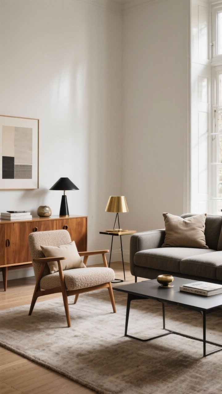 Medium-wide shot balancing vintage and modern: a vintage mid-century sideboard and coffee table paired with a modern sofa featuring deeper seats, performance fabric, and supportive cushions; a reupholstered vintage accent chair in textured neutral with a lumbar pillow; mixed metals—touches of brass with blackened steel on a lamp or side table; warm, inviting daylight; photorealistic.