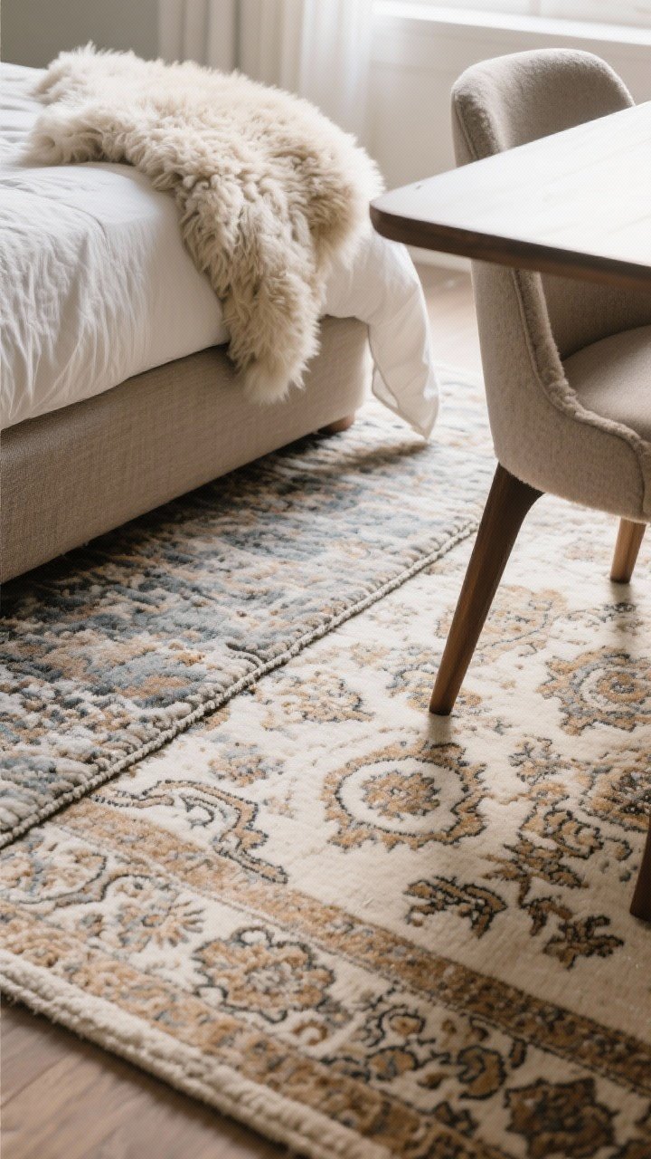 Overhead and angled detail of layered rugs: a wool rug with muted Persian pattern beneath a plush faux sheepskin beside the bed, thick rug pad edge subtly visible; low to medium pile section under a dining chair leg to show glide; winter-soft morning light emphasizing pile depth and pattern that hides mess.