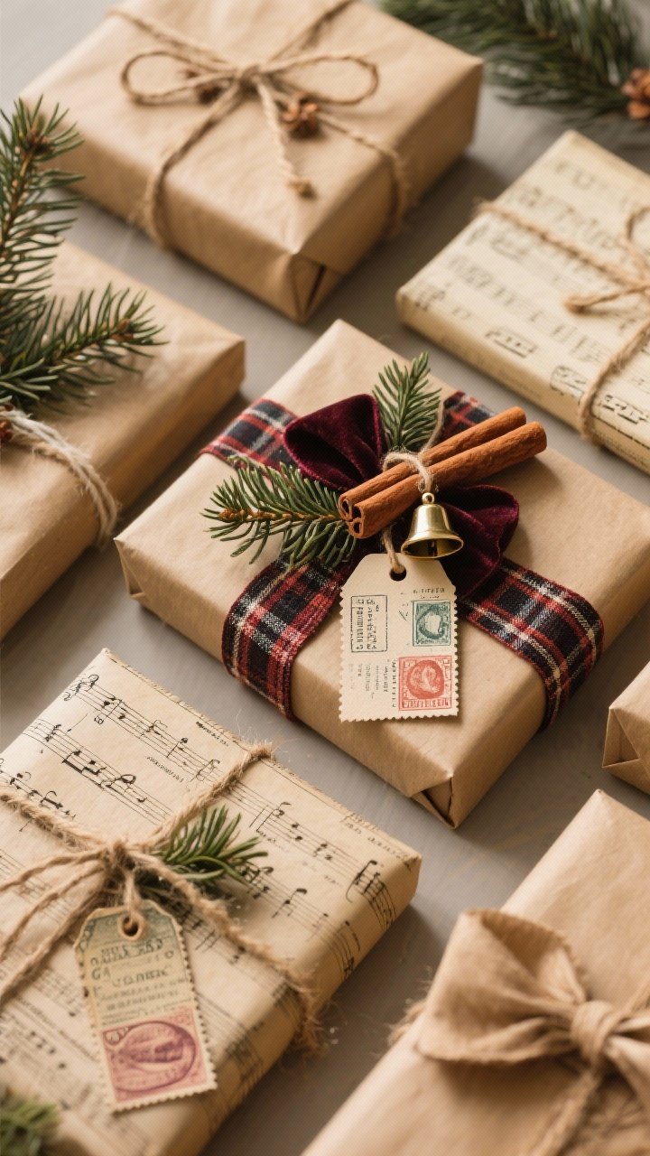 Overhead closeup of wrapped gifts as decor: kraft paper packages tied with twine, butcher’s string, and plaid ribbon layered with velvet; old postage stamps used as tags; sprigs of pine, cinnamon sticks, and tiny bells tucked under bows; one small box wrapped in vintage sheet music. Warm, natural light highlighting paper texture.