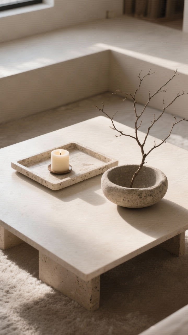 Overhead detail: A minimalist coffee table styled by the “one hero moment” rule—one large tray in travertine, a single unscented candle, and a low stone bowl with a simple twig branch; surrounding surface left clear to emphasize negative space; muted warm tones and soft ambient winter light, photorealistic.