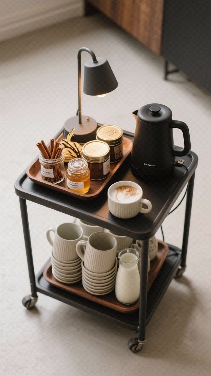 Overhead detail of a hot drink station on a small cart: a tray organizing stacked ceramic mugs, tea tins, cocoa mix, and a compact milk frother; small jars of cinnamon sticks, honey, and vanilla syrup with labels; a tiny lamp casting cozy café glow; an electric kettle in matte black adding a modern accent.