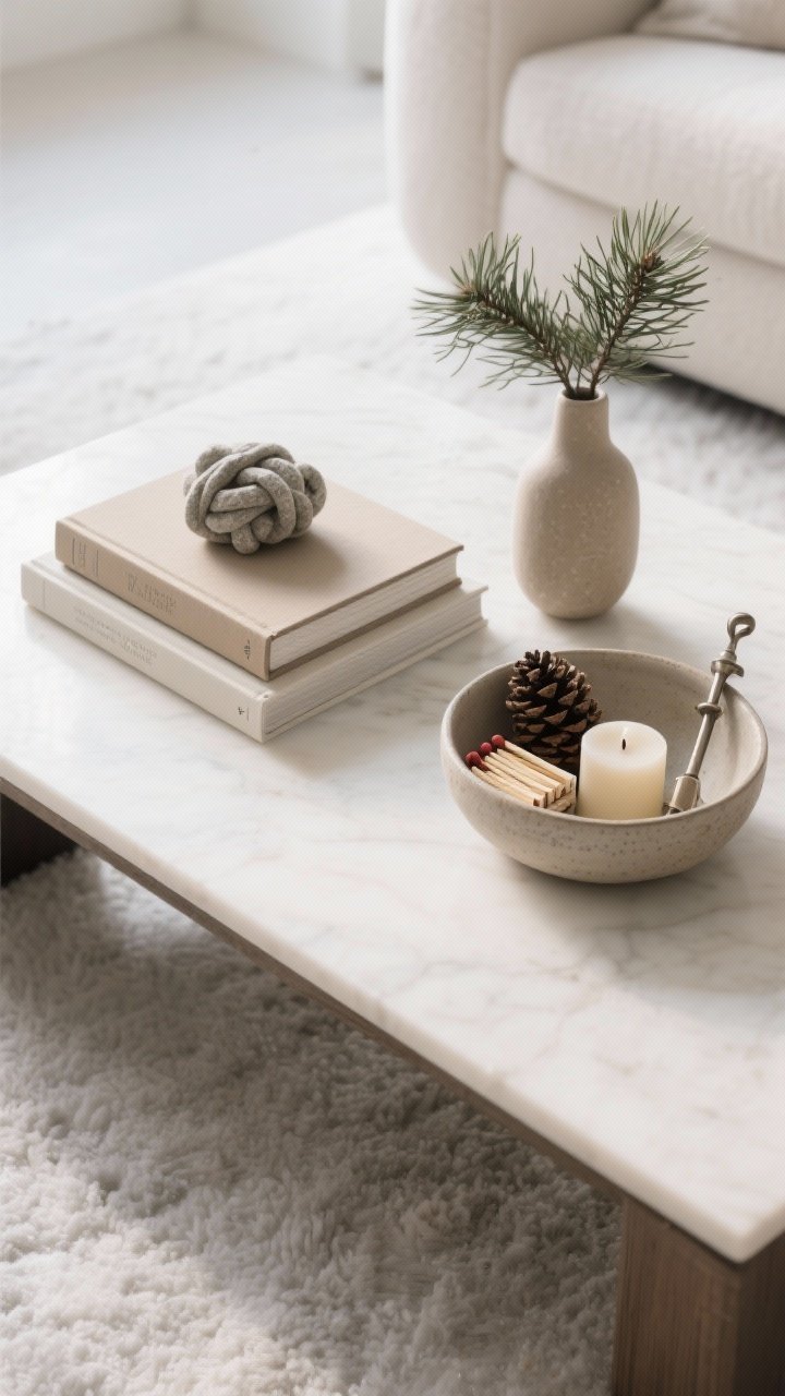 Overhead detail of a winter coffee table vignette: two stacked neutral-cover books, a tactile object (stone knot) beside a low ceramic bowl holding matchbooks and a candle snuffer with a single pinecone; a short vase with a sprig of cedar; clean sightlines with negative space around; soft natural light emphasizing intentional simplicity