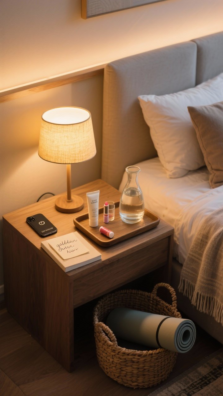 Overhead detail shot: A bedside wind-down tray styled with hand cream, lip balm, a small water carafe and glass, and a paper book with a bookmark; nearby lamp set to warm “golden hour” glow with phone on Do Not Disturb facing down; a gratitude sticky note with a single handwritten sentence placed by the lamp; in the background, neatly fluffed pillows and a folded throw after a two-minute tidy; include a rolled yoga mat tucked in a woven basket at the foot of the bed for a “movement corner”; warm, grounded color palette with soft textures and gentle evening ambiance.