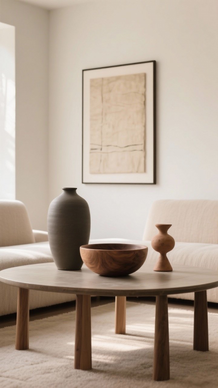 Overhead detail shot: A carefully styled coffee table surface following mindful curation—one statement setup using the rule of three: a tall matte ceramic vase, a medium shallow wood bowl, and a small sculptural object in clay. On the wall beyond, a single large art piece centered over the sofa (visible at the edge of frame) instead of a gallery wall. Clean negative space around the grouping, warm neutral tones, soft indirect daylight for a calm, intentional look.