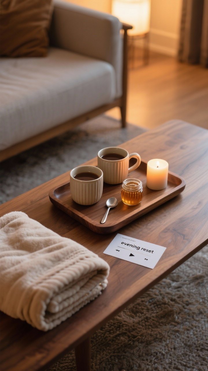 Overhead detail shot: a tea or cocoa ritual tray styled on a wooden coffee table—two ceramic mugs, a spoon, a small jar of honey, and a single lit candle; nearby a folded heated blanket suggests a bedtime warm-up, and a small card noting an “evening reset” playlist sits beside; warm evening light, inviting and practical, no people.