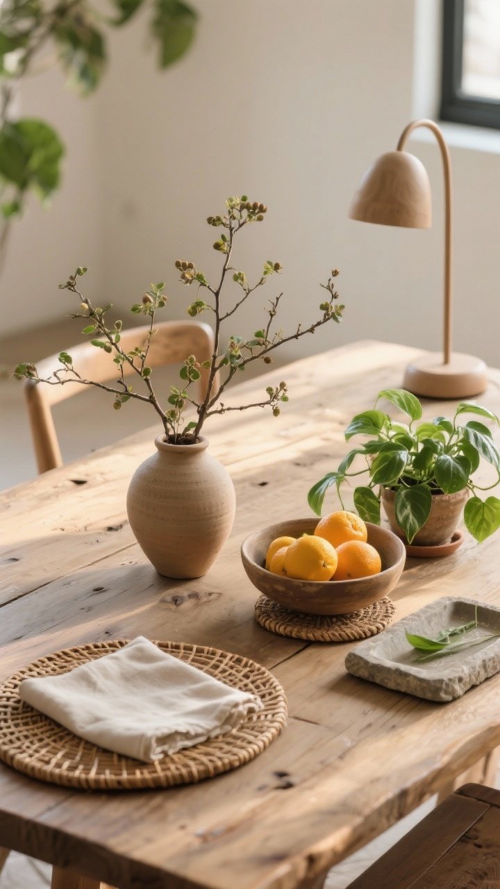 Overhead detail shot bringing nature in: a raw wood tabletop with hand-thrown clay vase holding seasonal branches, a bowl of citrus, and a small potted pothos; rattan coaster, linen napkin, and stone tray add natural materials; rounded edges of a nearby curved lamp base partially in frame; soft morning natural light, gentle shadows; warm neutrals with fresh greens and citrus pops; photorealistic.