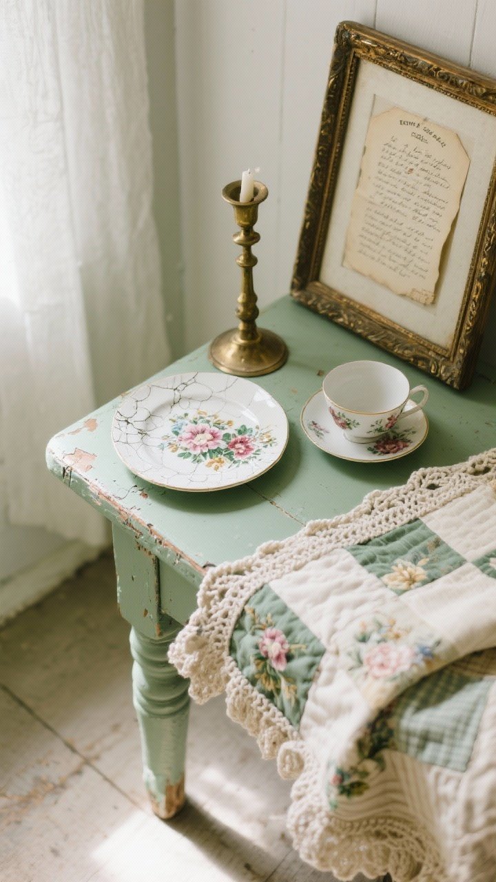 Overhead detail shot celebrating wabi-sabi imperfection: a vintage floral plate with gentle crazing, a mismatched teacup, patinated brass candlestick, heirloom frame with a handwritten recipe card, and a patchwork quilt edge and crochet throw partially in frame; visible brush strokes on a small sage-green painted stool corner; natural morning light revealing wear, chips, and texture; soft, muted palette with sage, cream, and faded florals; focus on hand-touched charm and layered textiles, photorealistic authenticity.