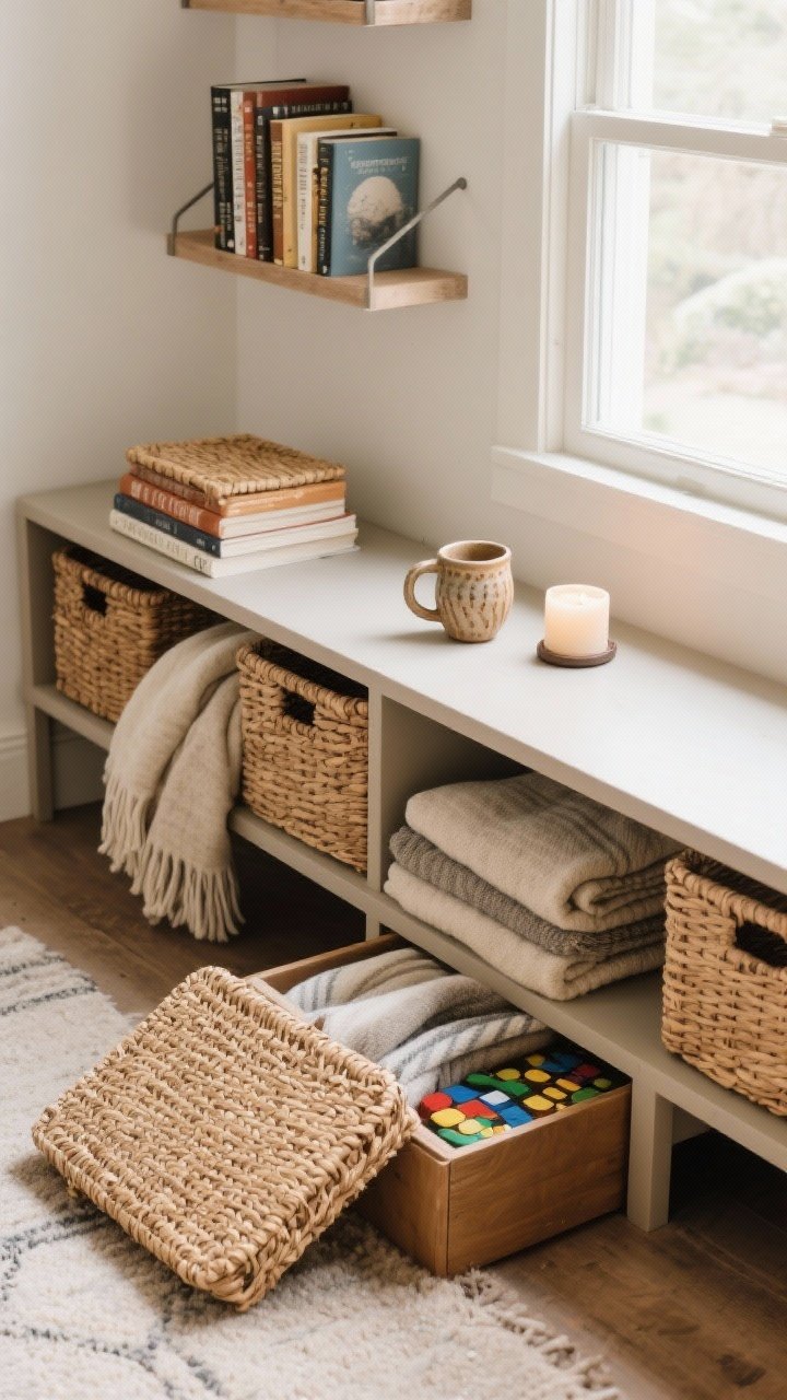 Overhead detail shot: cozy storage solutions styled on and around a console—lidded woven baskets partially slid under a bench holding throws and games, a small storage ottoman opened slightly to reveal folded blankets, and shallow wall shelves above floating a tight edit of favorite books, a handmade ceramic mug, and a candle; surfaces at no more than 50% capacity; warm, natural textures with calm composition; gentle window light.