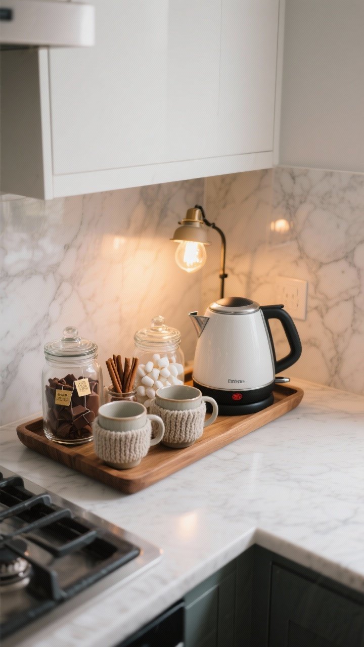 Overhead detail shot of a compact hot beverage nook on a kitchen counter: a wood tray holding a small electric kettle, clear jars filled with tea bags, cocoa mix, cinnamon sticks, and marshmallows, plus a pair of ceramic mugs; a tiny lamp with a warm bulb adds café glow, with wool mug cozies and a marble backsplash softly lit, photorealistic.