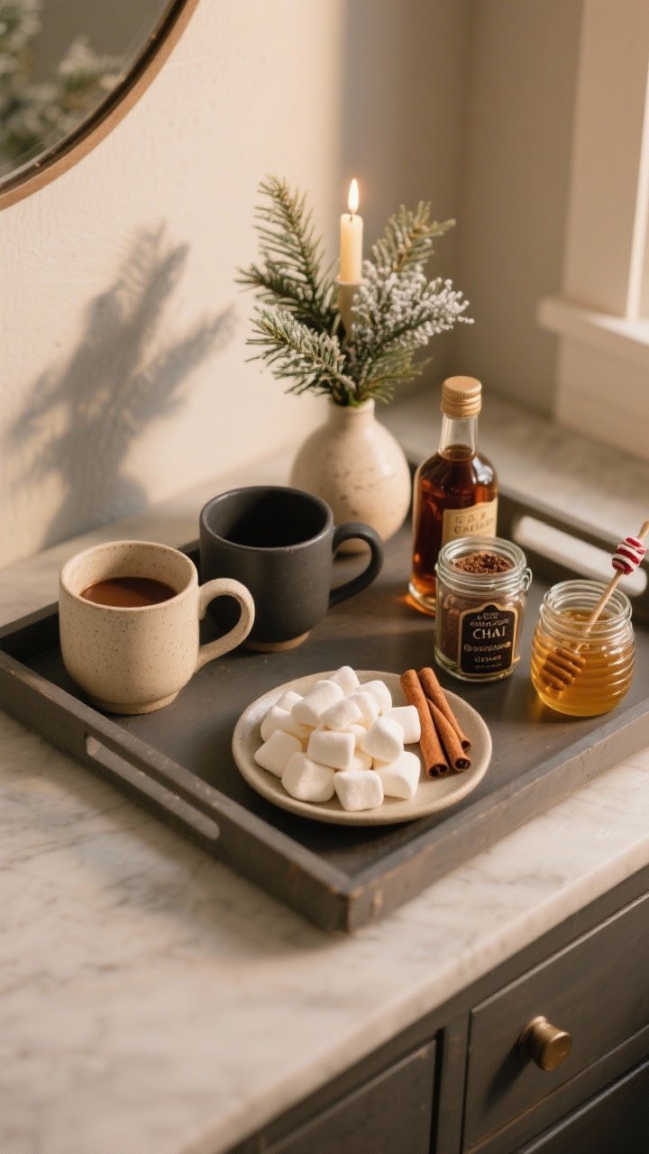 Overhead detail shot of a compact winter beverage station on a small tray: stoneware and matte ceramic mugs in cream and charcoal, jars of cocoa mix and chai concentrate, a dish of marshmallows, cinnamon sticks, honey jar with dipper, peppermint syrup bottle, and a small bottle of bourbon; accented by a tiny vase with winter greens and a single candle; warm indoor lighting with soft shadows