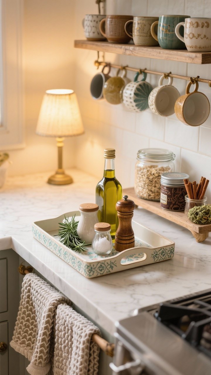 Overhead detail shot of a cozy kitchen counter tray: a pretty open tray with olive oil bottle, ceramic salt cellar, wooden pepper mill, and a fresh rosemary sprig; nearby, a mug wall/shelf showcasing mismatched, handcrafted mugs; thick waffle towels folded beside a patterned runner edge; a comfort food station with a clear jar of oats, a tin of cocoa, cinnamon sticks, and herbal teas. Add a small lamp on the counter casting a low golden glow.