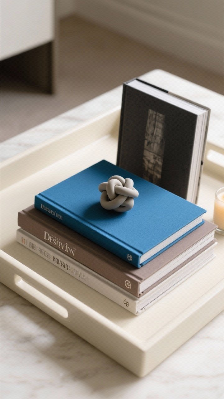 Overhead detail shot of a curated book stack inside a lacquered cream tray: three coffee table books with the largest on bottom, colors coordinated to the room—moody charcoal art book, mid-tone taupe design book, bold cobalt cover on top. A small matte ceramic knot sits as a topper; beside it, one book stands vertically within the tray for contrast. Include a second, lower horizontal stack nearby with a tiny candle. Subtle morning light, clean shadows; emphasize spine textures, cover colors, and balanced composition.