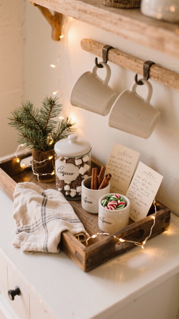 Overhead detail shot of a hot cocoa station on a wooden tray: pretty labeled canisters for cocoa, marshmallows, cinnamon sticks, and crushed peppermint; mugs on hooks beside the tray with a folded linen napkin for texture; mini twinkle lights woven around a small sprig of cedar; a couple of handwritten recipe cards; warm, cozy indoor lighting