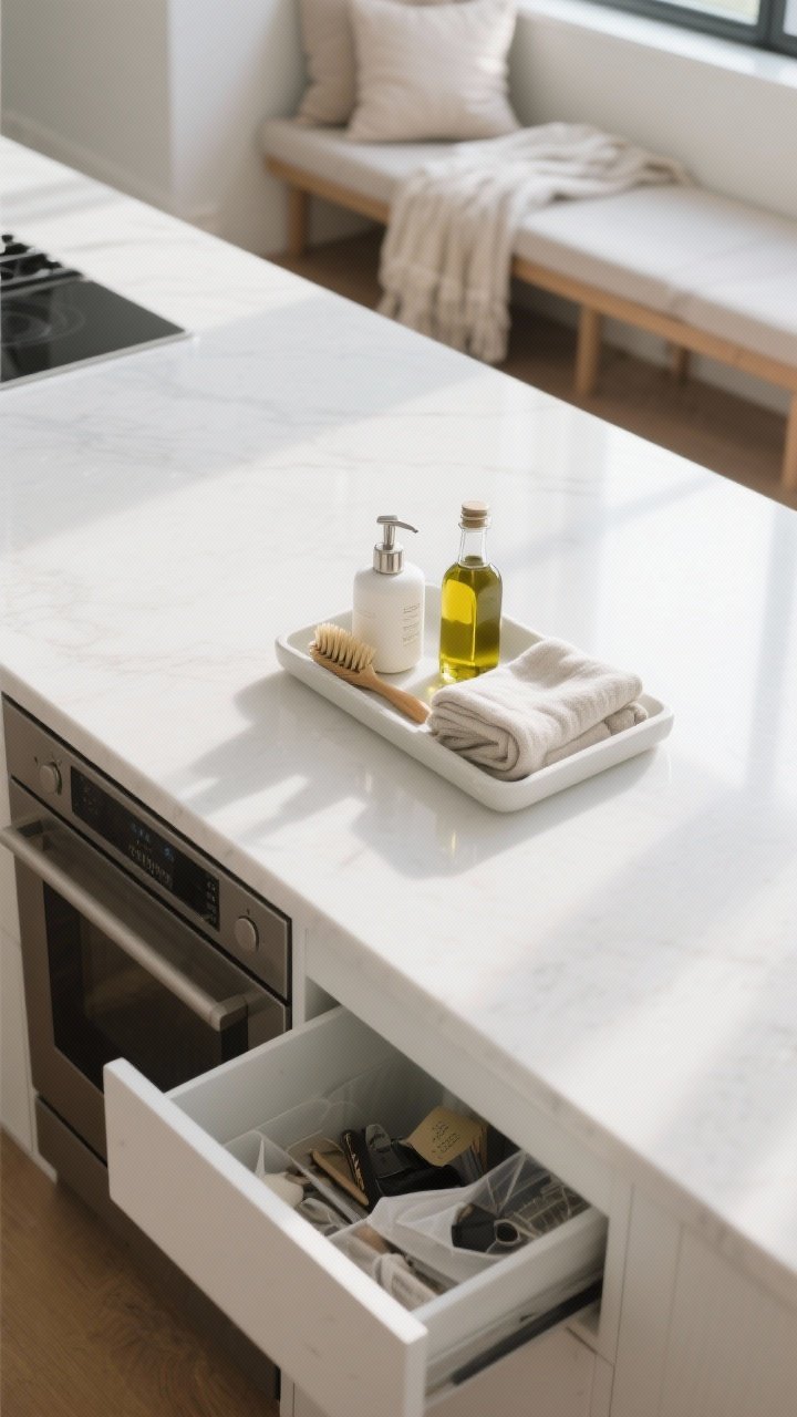 Overhead detail shot of a kitchen counter during a daily 10-minute reset: clear white countertop with appliances hidden, a single tray holding daily essentials (soap dispenser, brush, small olive oil bottle), neatly folded throw and fluffed pillow visible on an adjacent bench beyond the counter edge; a shallow “sorting tray” containing the day’s surface clutter ready to be emptied nightly; bright, clean natural light reinforcing the ritualistic declutter vibe.