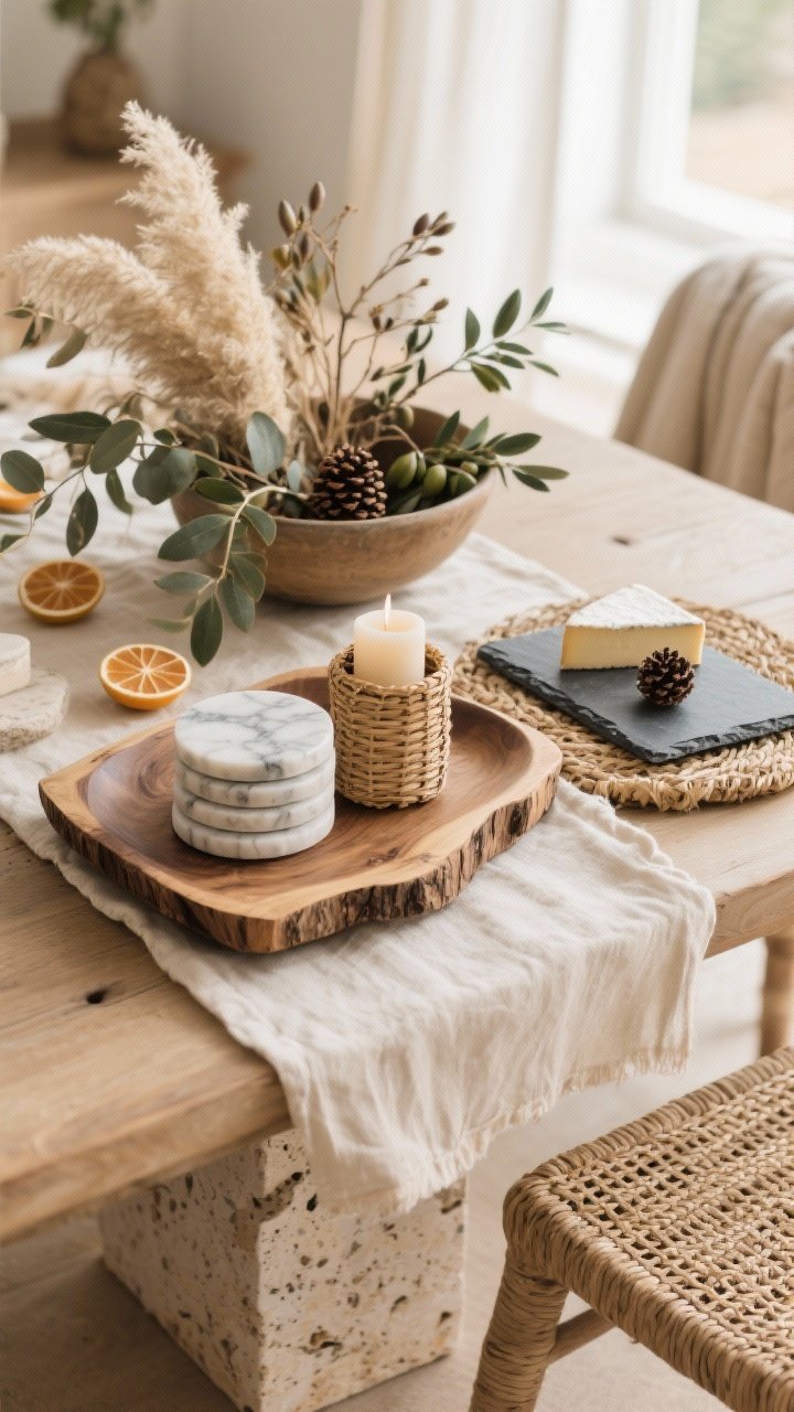 Overhead detail shot of a nature-inspired tabletop: raw-edge wood tray holding a marble coaster stack and a rattan-wrapped candleholder; a travertine side table edge visible with a slate cheese board doubling as decor; a woven seagrass basket with a folded throw nearby; a low bowl centerpiece with dried botanicals—pampas, eucalyptus, and olive branches—and seasonal pinecones/citrus slices on a linen runner; warm neutral tones, tactile materials, soft window light; photorealistic.