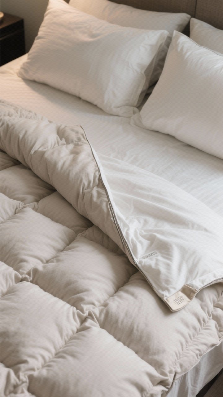 Overhead detail shot of a plush, high-loft duvet on a king bed: an oversized king insert filling a king duvet cover for a full, cloudlike look; one side of the reversible cover slightly lighter than the other, subtly flipped at the corner to reveal the two-tone neutral shades; materials read as cotton percale/sateen shell with no crunchy shine; include a small tag or zipper detail for realism; soft, indirect light emphasizing loft and volume.