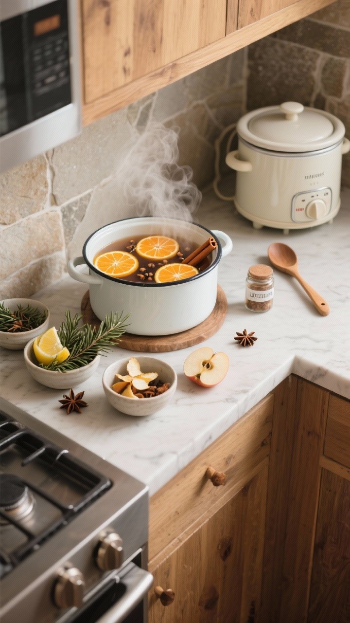 Overhead detail shot of a simmer pot station on a kitchen counter: enamel pot simmering with orange slices, cinnamon sticks, and cloves; nearby bowls with rosemary, lemon peel, pine sprigs, star anise, and apple peels for alternate blends. A mini slow cooker sits ready, with a wooden spoon and small labeled jars. Steam gently rises; warm wood and neutral stone textures; cozy, aromatic winter vibe implied. Photorealistic.