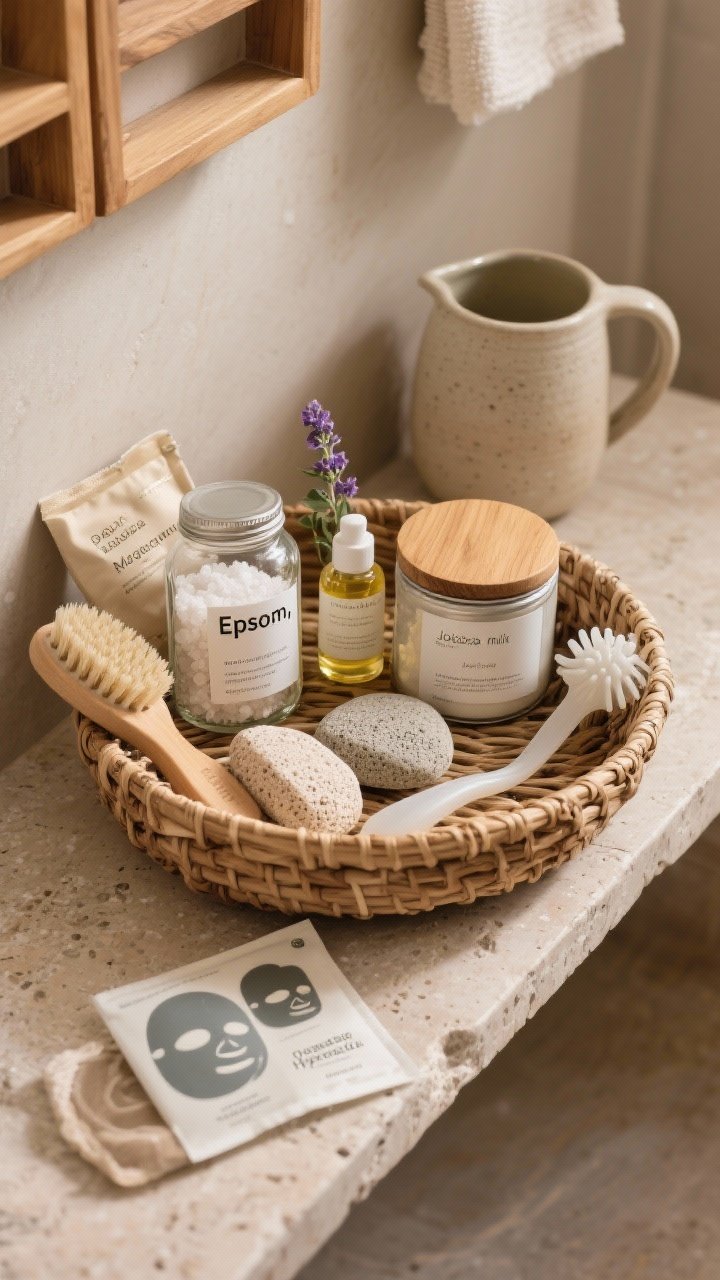 Overhead detail shot of a spa ritual kit arranged in a woven basket on a stone bench: glass jar of Epsom salt labeled “Epsom,” pouch of magnesium flakes, small bottle of jojoba oil with a lavender sprig, a tin of coconut milk powder, a natural-bristle dry brush, a soft body brush, pumice stone, silicone scalp massager, and a labeled duo of masks (detox clay and hydrating sheet mask); a small lidded jar for storage and a ceramic rinse pitcher beside it; neutral, earthy tones with teak accents; soft, warm bathroom lighting; photorealistic textures of salts, wood grain, and silicone; no people.