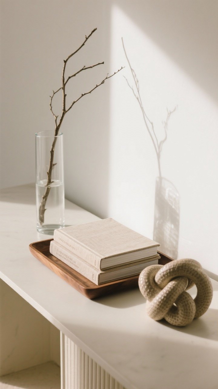 Overhead detail shot of a styled console top using the three-item formula: one vertical element—tall clear vase with simple branches; one horizontal—rectangular wood tray holding a short stack of neutral linen-bound books; one sculptural—textured ceramic knot object; deliberate negative space around items; soft morning light and gentle shadows for depth.