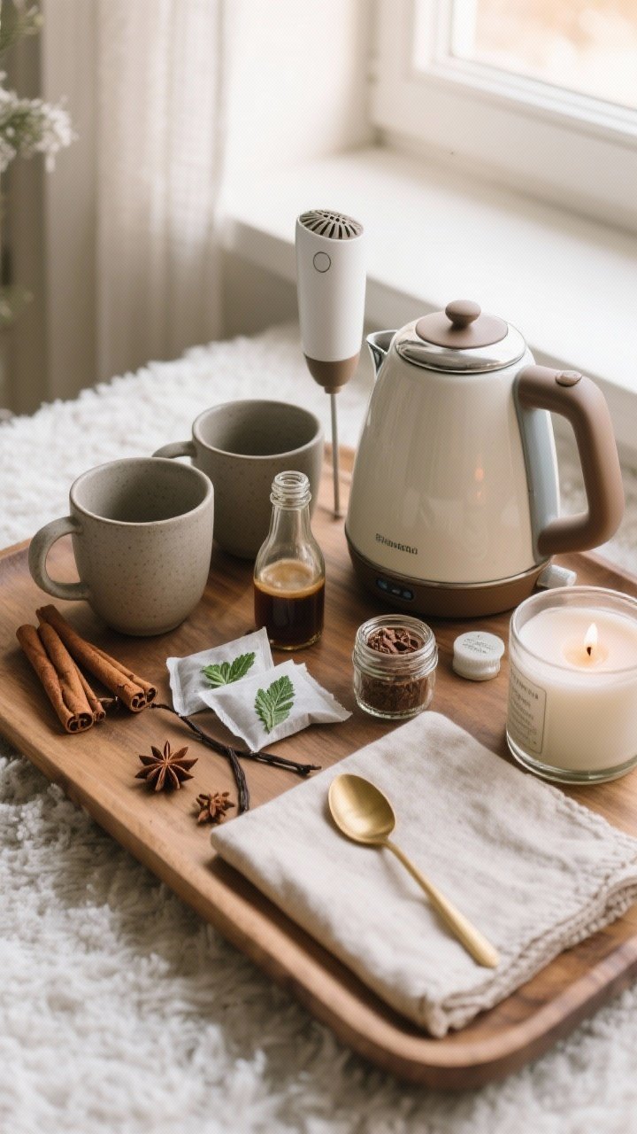 Overhead detail shot of a winter coffee and tea station on a wooden tray: matte stoneware mugs, cinnamon sticks, star anise, vanilla syrup in a small bottle, peppermint tea sachets, a compact electric kettle, a handheld milk frother, a small jar of cocoa or chai, folded linen napkin, tiny brass spoon, and a small winter-scented candle nearby; warm morning window light.