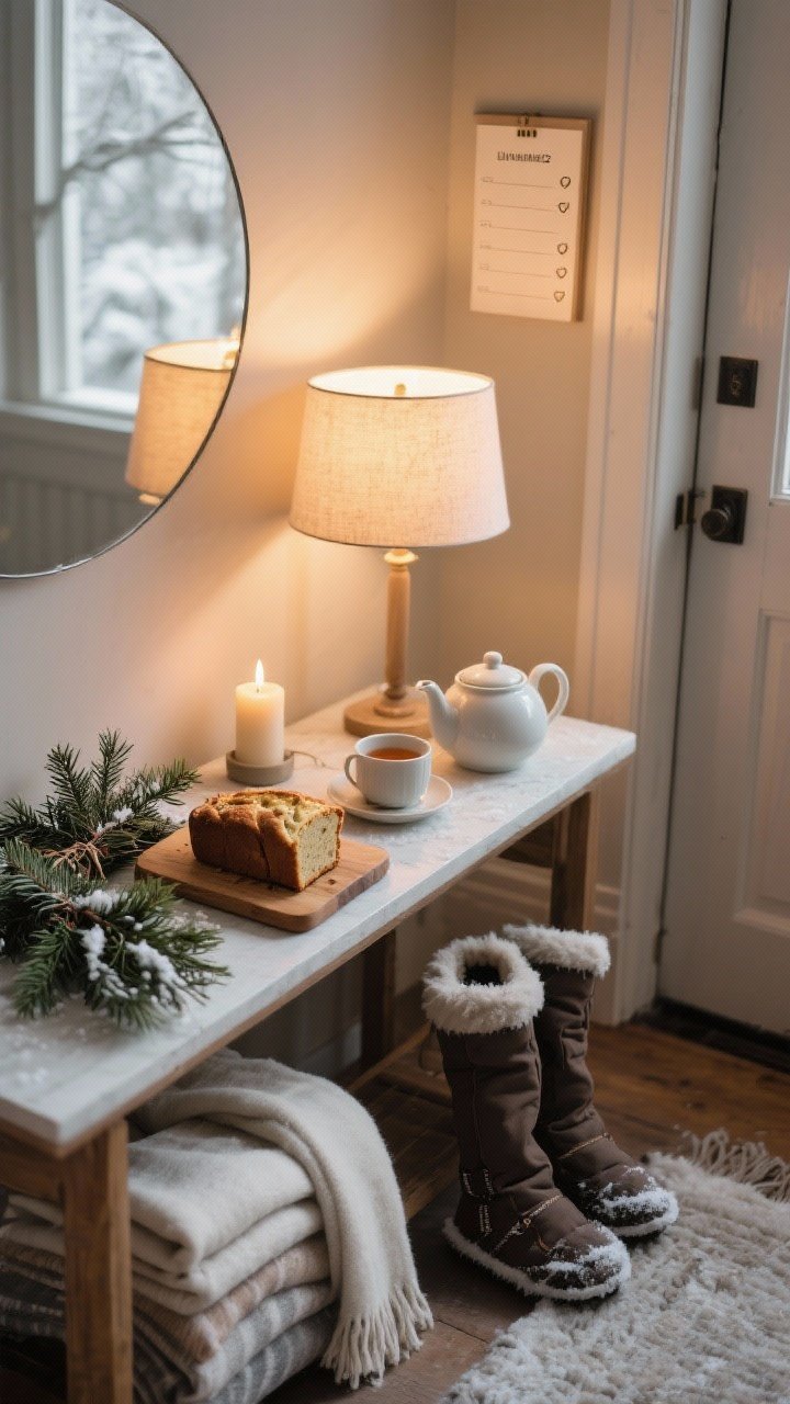 Overhead detail shot of a winter ritual vignette on a console: a checklist-like scene with a dimmed lamp and a lit candle for evening unwind, a teapot and cup ready for tea, a small loaf of freshly baked banana bread on a wooden board, a bundle of fresh winter greenery to swap in, folded refreshed throws, and a pair of gloves set by the door for winter walks; cozy, intentional mood in warm lighting.