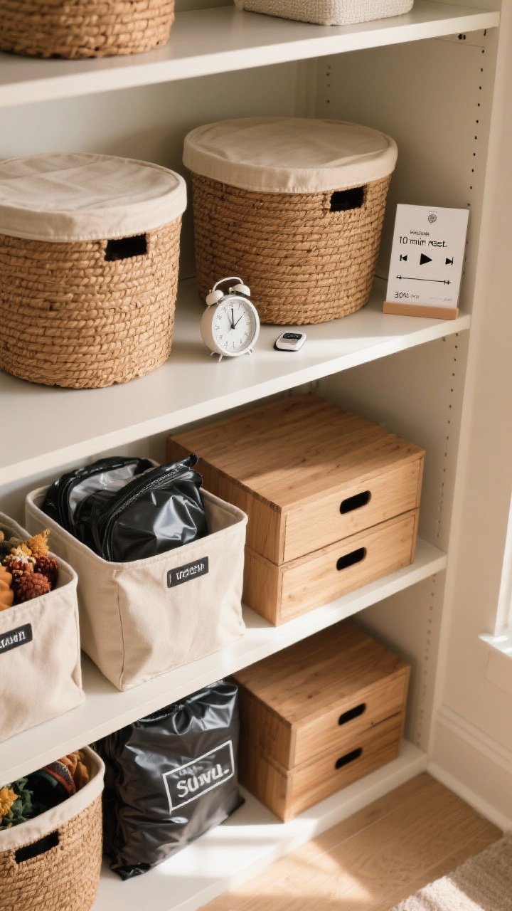 Overhead detail shot of an organized storage scene: lidded baskets, canvas bins, and wood boxes neatly labeled; vacuum bags partially visible for seasonal swap items; a timer and phone on a playlist card referencing a 10-minute reset; shelves with at least 30% open surface for breathing room; neutral tones with caramel and charcoal accents; clean, clutter-free aesthetic; bright natural light, photorealistic.