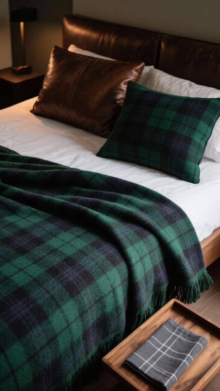 Overhead detail shot of chic plaid accents: a deep forest green and charcoal tartan throw folded at the foot of a bed, coordinating plaid accent pillow set against a rich brown leather cushion; add a slate-gray napkin with subtle plaid on a nearby wooden tray for context; warm, diffused light enhances moody tones; focus on restrained, intentional pattern use.
