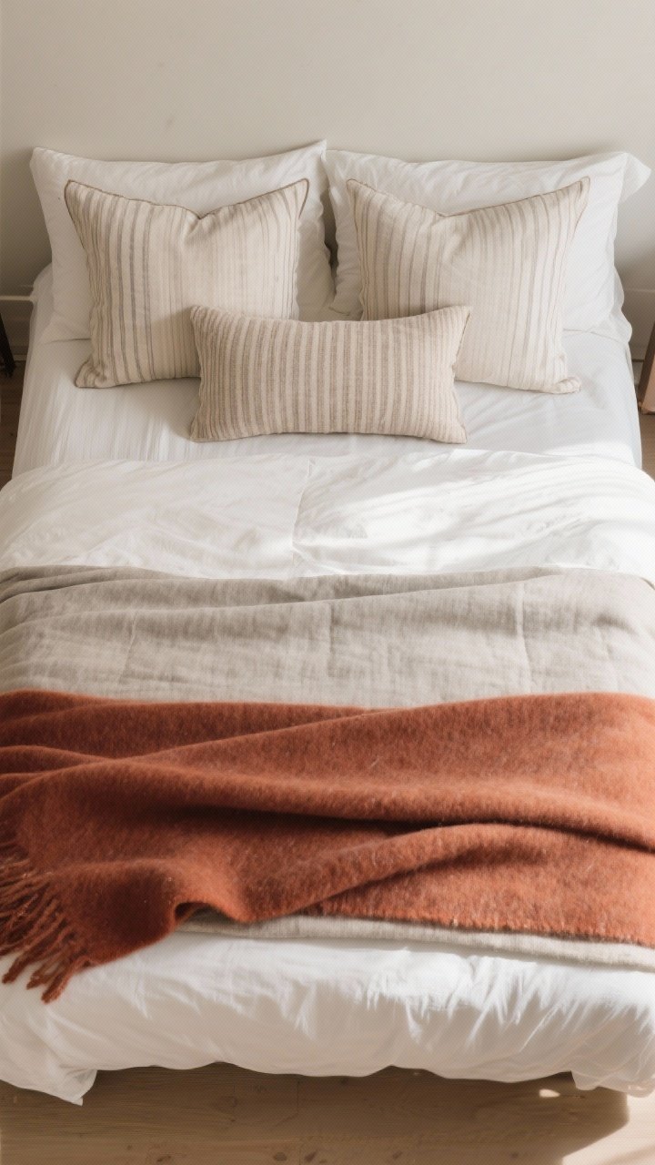 Overhead detail shot of intentional bedding layers: crisp cotton percale sheets in warm white, a natural linen duvet in stone, a lightweight wool blanket in rust folded at the foot, two standard pillows, two euro pillows, and one long lumbar arranged neatly; subtle patterns like thin stripes and tone-on-tone weave barely visible; the composition looks effortlessly inviting, photorealistic, soft ambient daylight.