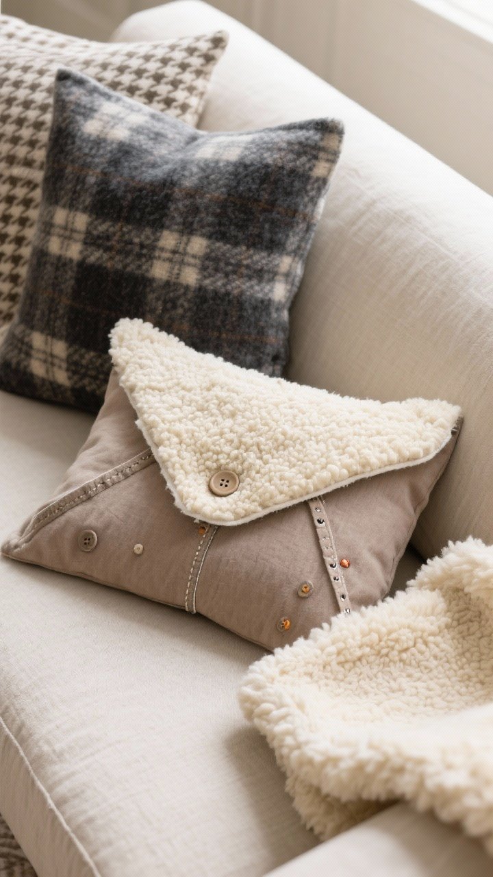 Overhead detail shot of no-sew pillow covers on a neutral linen sofa: flannel in charcoal plaid, boucle in warm cream, and faux shearling in soft taupe. Envelope-style backs with neat folded hems secured by hem tape; stick-on Velcro dots visible on one turned-back flap; a couple of decorative buttons on a plaid cover. Winter palette: creams, taupes, charcoal with one houndstooth patterned pillow for variety. Soft natural light, photorealistic.