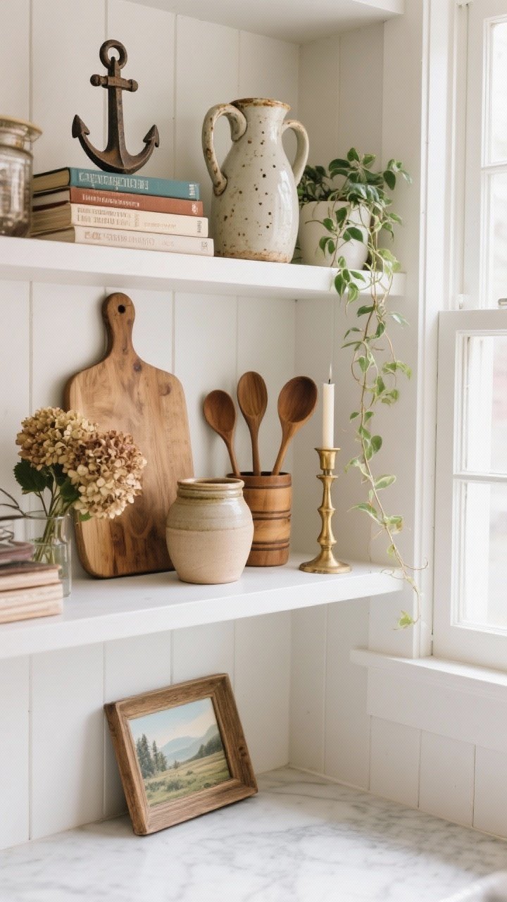 Overhead detail shot of open kitchen shelves styled with charming, useful items: an anchor stack of cookbooks beside a vintage ceramic pitcher, a wooden cutting board leaning at the back, a crock of wooden spoons, grouped objects in threes, varied heights with a brass candlestick and a small framed landscape; a trailing plant softening the lines; seasonal touch with a small bunch of dried hydrangeas; natural window light.