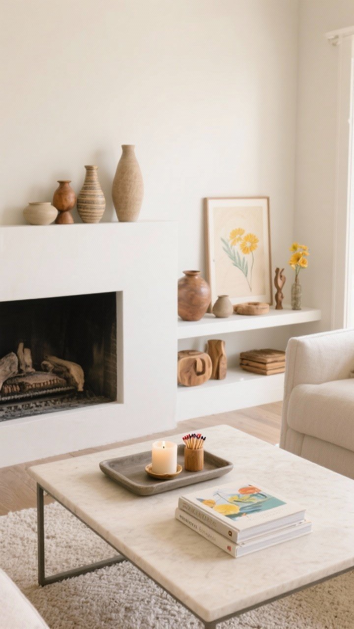 Overhead detail shot of simplified surfaces: a coffee table styled with one tray holding a candle, match striker, and two art books; nearby shelf vignette with pottery, wood objects, and soft-toned art replacing bright summer decor; mantel in the background with grouped items in odd numbers (3 or 5) mixing heights and textures; clean, calming composition with soft natural light