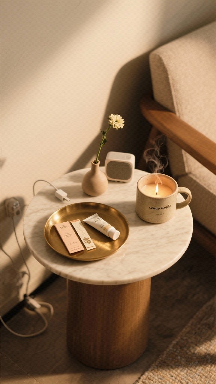 Overhead detail shot of small luxuries on a round side table: a shallow brass tray corralling bookmarks, a petite bud vase with a single stem, and hand cream; beside it a steaming ceramic mug and a candle (cedar/vanilla/fig vibe) with a soft flame. A tiny wireless speaker sits nearby, and a discreet charging cable is tucked behind the table edge, barely visible. Table set next to a chair, warm ambient light with gentle shadows, photorealistic.
