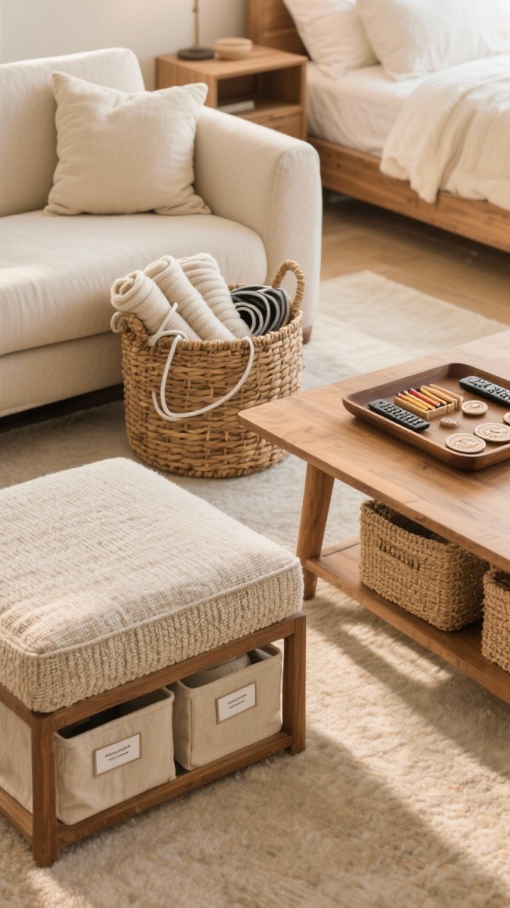 Overhead detail shot of soft storage styled as decor: a woven basket by a sofa holding rolled blankets and hidden cords, a wooden tray on a coffee table corralling remotes, matches, and coasters, a textured fabric storage ottoman nearby, and linen under-bed boxes peeking from a bed with creamy bedding. Color story of natural fibers, warm woods, and creamy fabrics; subtle labels visible on bins. Warm, cozy lighting, no people, photorealistic.