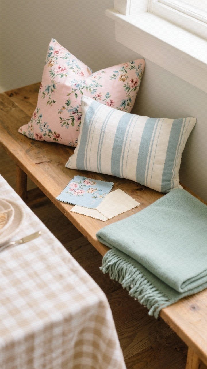 Overhead detail shot of textiles arranged on a wooden bench: small-scale floral fabric swatch, a ticking stripe pillow, and a solid sage throw; tight color story in blush, dusty blue, and cream with a neutral ground; a folded gingham tablecloth peeks into frame, suggesting dining nook personality; soft, indirect daylight