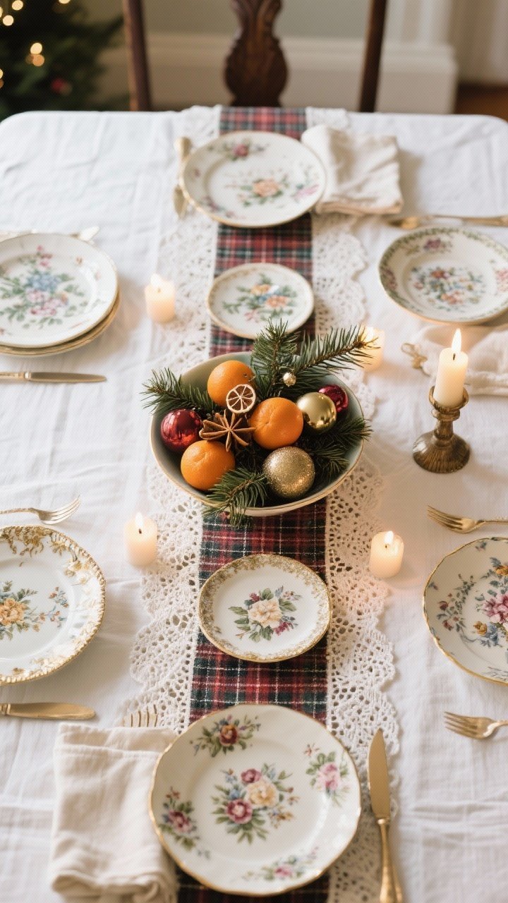 Overhead detail view of a vintage-inspired holiday table: white tablecloth with a lace topper and a narrow plaid runner, mix-and-match classic china (florals, transferware, delicate gold rims), cloth napkins, and a low centerpiece made of a shallow bowl filled with ornaments, cloved oranges, and cedar clippings. Warm candle glow grazing the tablescape.
