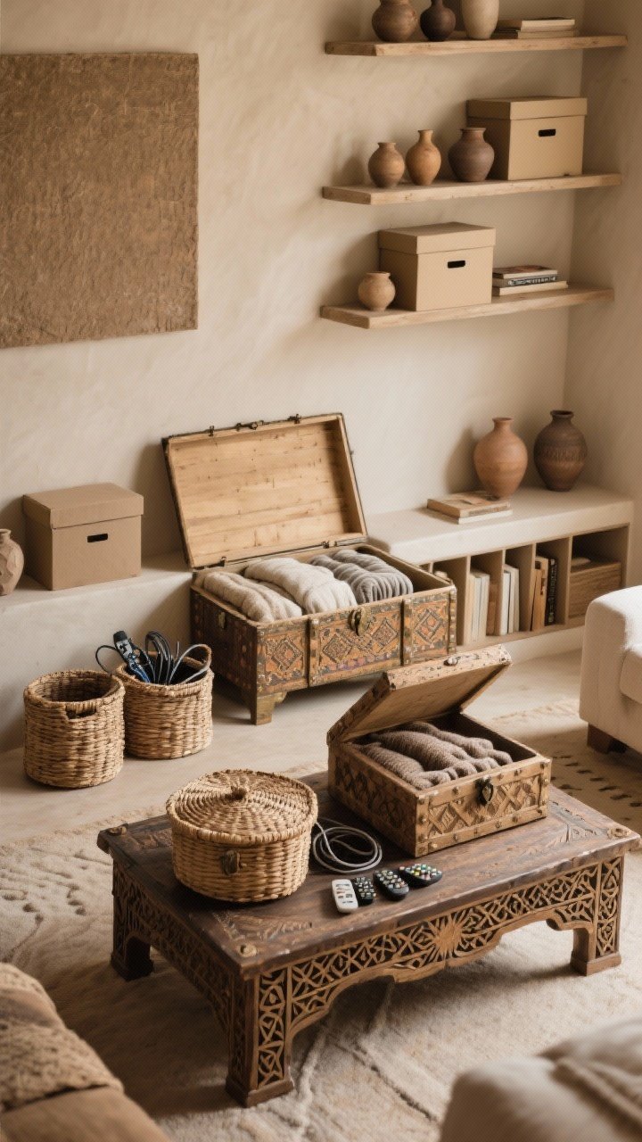 Overhead detail view of hidden-in-plain-sight storage solutions: a carved Moroccan trunk used as a coffee table with its lid slightly ajar revealing neatly stashed blankets, lidded woven baskets corralling remotes and cables, wall shelves combining closed boxes and open display with pottery and a few books; surfaces styled about 70% full, warm neutral palette, soft ambient light, photorealistic, no people.