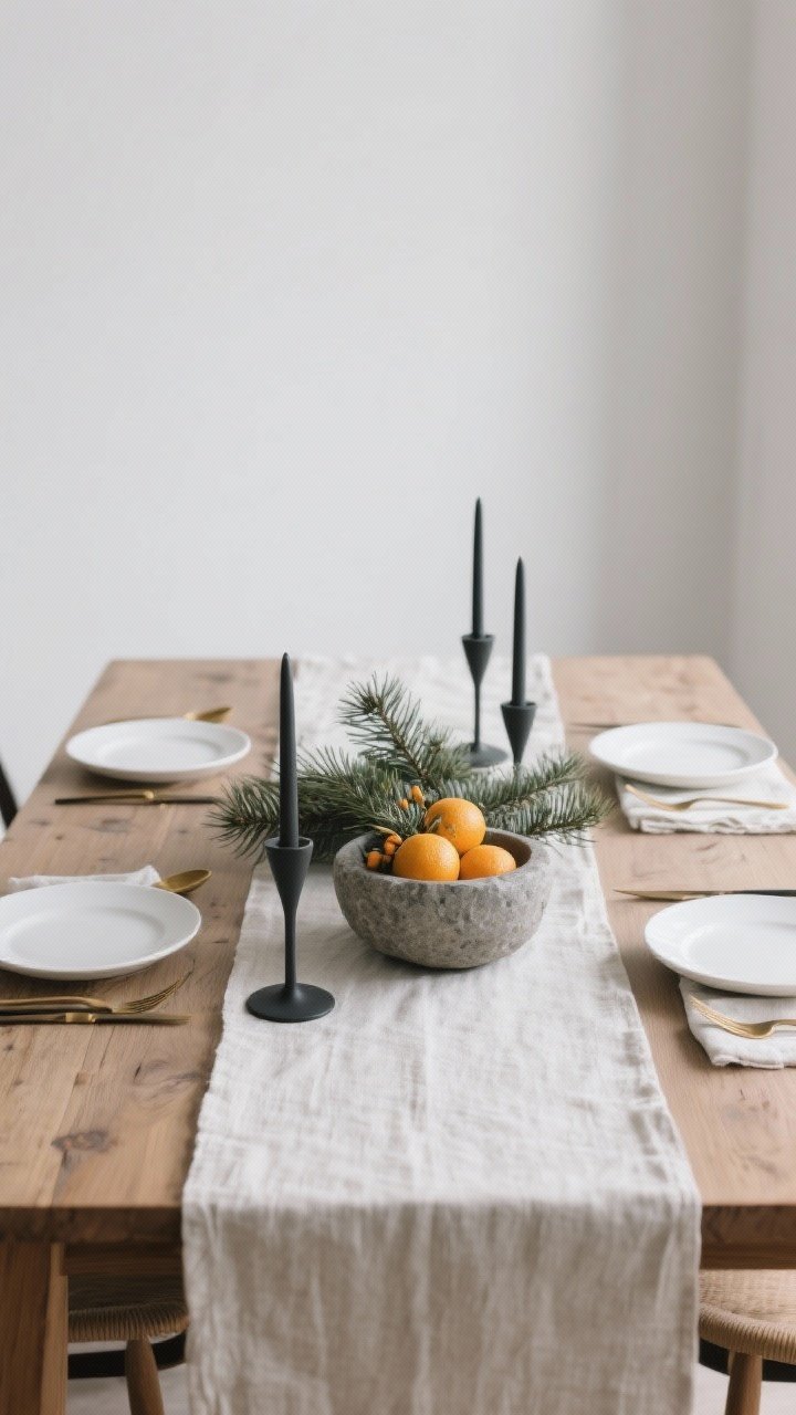 Overhead dining table: Minimal winter table—bare natural wood surface with an undyed linen runner, a single stone bowl filled with seasonal citrus or a low evergreen branch as the center, two or three matching matte taper holders aligned, and white plates with black or brass flatware and linen napkins; tight palette, calm everyday elegance, photorealistic.