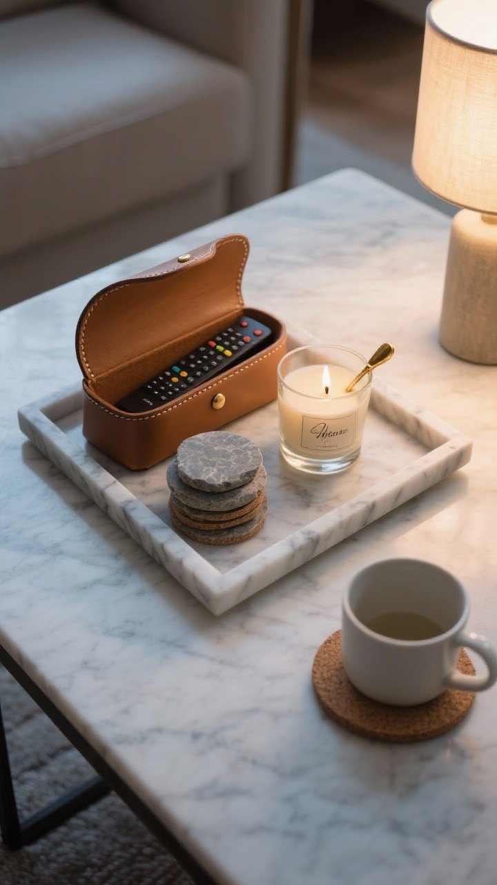 Overhead functional flat-lay of a practical yet pretty setup: a marble tray with a leather catchall hiding remotes (lid slightly ajar), a neat stack of stone or cork coasters, a single signature-scent glass candle with a brass candle snuffer beside it. Space left open on the table for a mug; include a subtle non-slip or weighted base under the tray edge. Clean, lived-in vibes; soft evening lamplight glows on marble and glass, emphasizing usability and order.