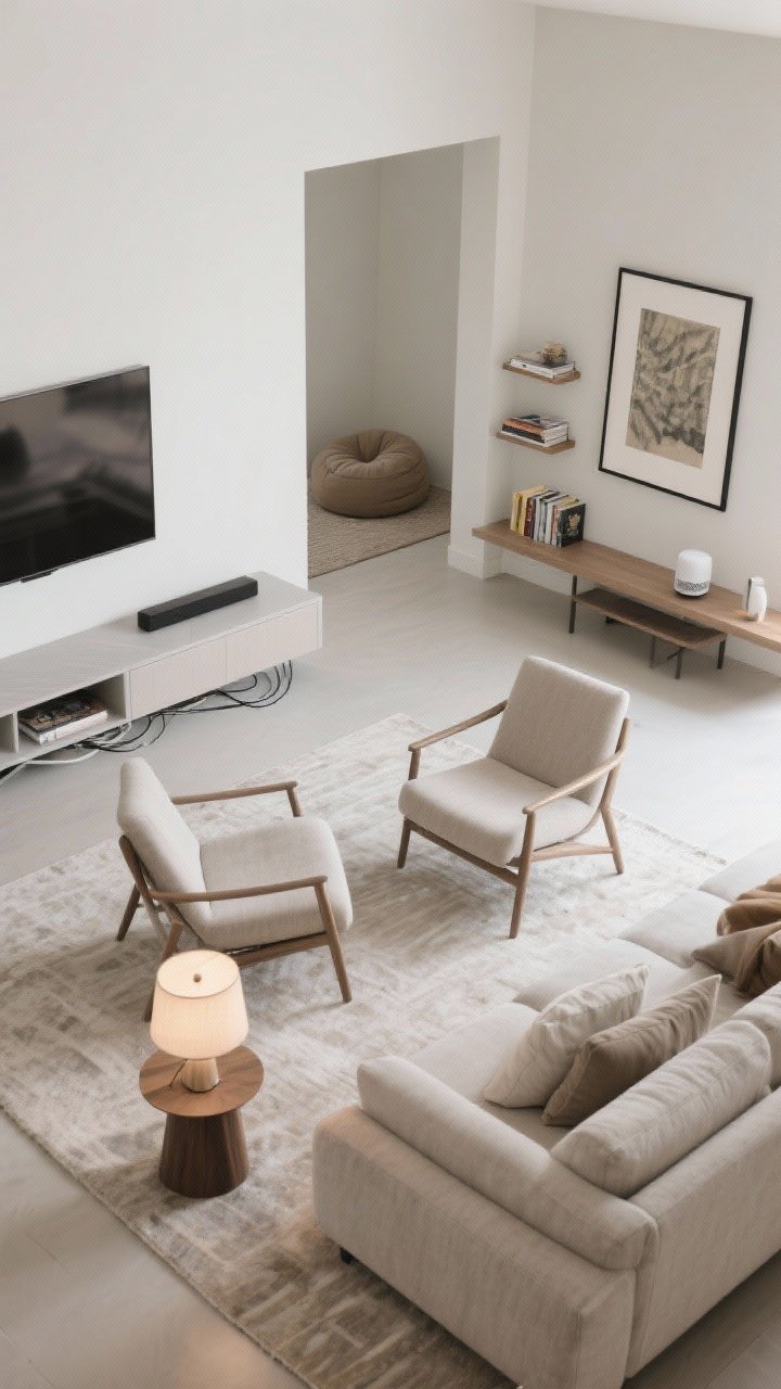 Overhead or elevated angle showing edited living zones: a conversation corner with two lounge chairs angled around a side table and soft lamp; a media zone with a low console, clean cord management, and a framed TV in art mode; a mindful nook with a floor cushion, a small shelf with books, and a diffuser; a slim console subtly dividing zones in an open-concept space; uncluttered, calm, photorealistic.