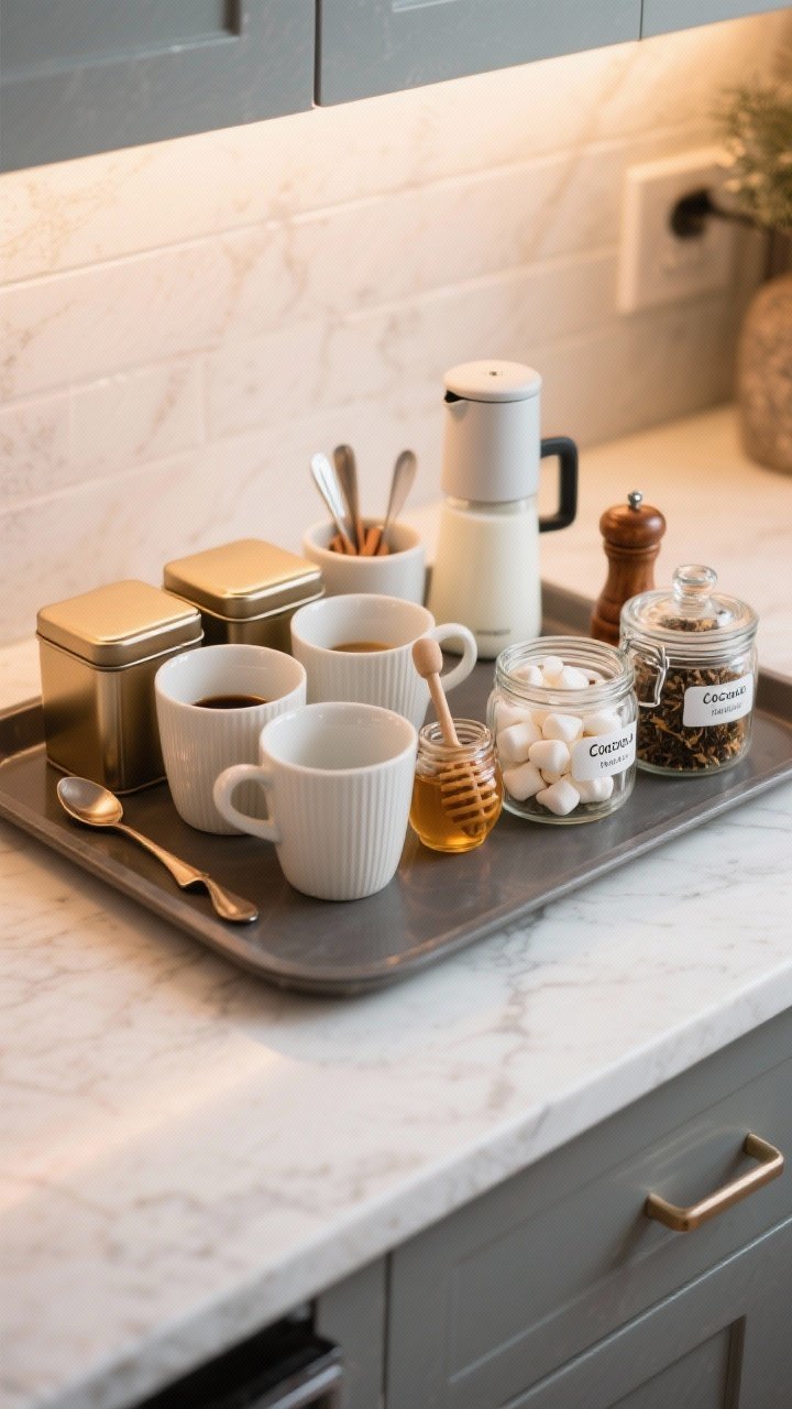 Overhead shot of a coffee and tea station on a tray: curated mugs, tea tins, a honey jar with dipper, and spoons. Glass jars labeled cocoa, marshmallows, and loose-leaf tea. Include a compact milk frother and a small cinnamon shaker. Warm counter lighting, clean and inviting, subtle winter tones.