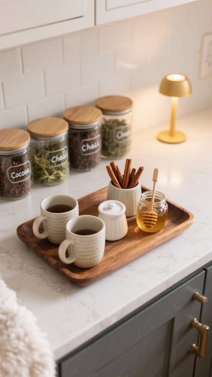Overhead shot of a compact beverage station: a wood tray holding ceramic mugs, a small sugar pot, cinnamon sticks, tea tins, and a honey jar with dipper; matching glass canisters labeled cocoa, chai, and herbal teas lined neatly behind; a petite lamp or LED taper casting a golden morning glow; clean countertop, winter-cozy palette.