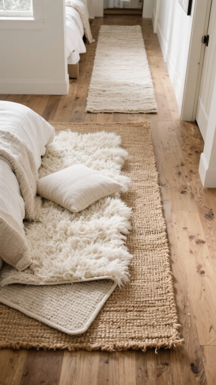 Overhead shot of layered rugs on hardwood: A natural jute flatweave forms the base with a plush ivory wool shag layered on top, creating warmth and dimension; a cushioned rug pad peeks slightly for realism; a runner trails into a hallway and another lines the bedside for warm landing zones; soft winter light, tactile textures emphasized, photorealistic.