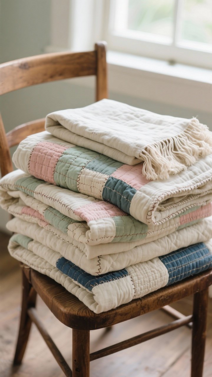 Photorealistic closeup detail of a stack of handmade quilts draped over a wooden chair: hand-pieced patchwork in muted cottage colors (sage, soft rose, cream, and indigo), visible hand-stitching and slight wear on binding. Natural fibers—cotton and linen—show woven texture. A folded linen throw with delicate fringe rests on top. Gentle window light, shallow depth of field to emphasize stitches. Overhead-leaning angle capturing textures and layers.
