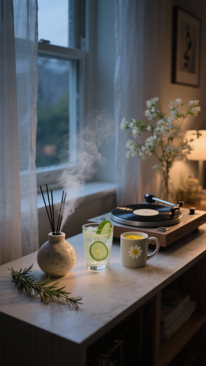 Photorealistic closeup detail of an evening sensory setup on a console: a ceramic diffuser emitting a light mist of neroli or jasmine with rosemary or clary sage nearby, a turntable with a vinyl record ready to play soft jazz, a window cracked open slightly with a sheer curtain moving gently, and a glass with a cucumber-mint spritz beside a mug of chamomile with lemon; lighting dim and intimate, volume implied as whisper-soft, serene spring atmosphere