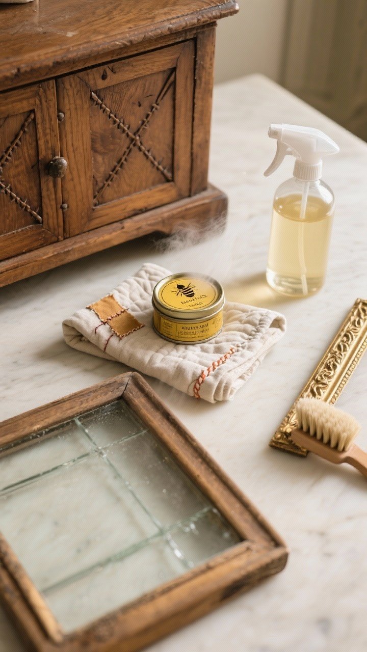 Photorealistic closeup detail of sustainable care in action: a soft cloth and a tin of beeswax polish beside a vintage wooden drawer front with dovetail joints; a folded quilt with a small visible-mending patch in contrasting thread; a glass pane being misted with a vinegar-and-water spray bottle, with a soft brush nearby for a gilt frame. Warm, even daylight highlights textures of wood grain, stitches, and glass sheen. Overhead tabletop composition.