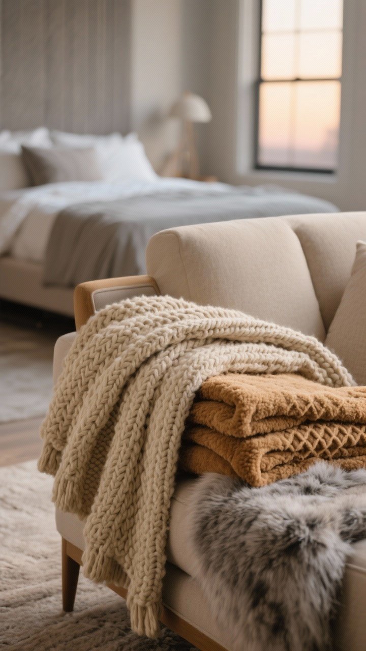 Photorealistic closeup detail shot: a chunky knit oatmeal throw draped casually over the arm of a sofa, layered with a folded camel sherpa blanket and a soft gray faux fur at the foot of a bed in the background; textures in focus (chunky knit, sherpa, faux fur, waffle weave peeking from a chair), warm neutral palette (oatmeal, camel, soft gray), soft evening window light for a cozy glow, no people