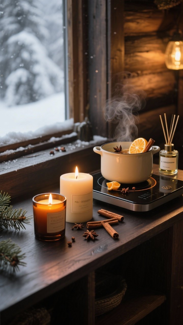 Photorealistic closeup detail shot of a winter scent ritual on a dark wooden console: two candles (one cedar/pine in amber glass, one gourmand vanilla/tonka in matte cream ceramic) burning together, a simmer pot on a nearby induction burner with orange slices, cinnamon sticks, cloves, and star anise floating, and a small diffuser labeled fir + bergamot + clove releasing mist; warm, golden ambient lighting, moody gray winter light from a window in the background, cozy snowed-in cabin vibe, shallow depth of field